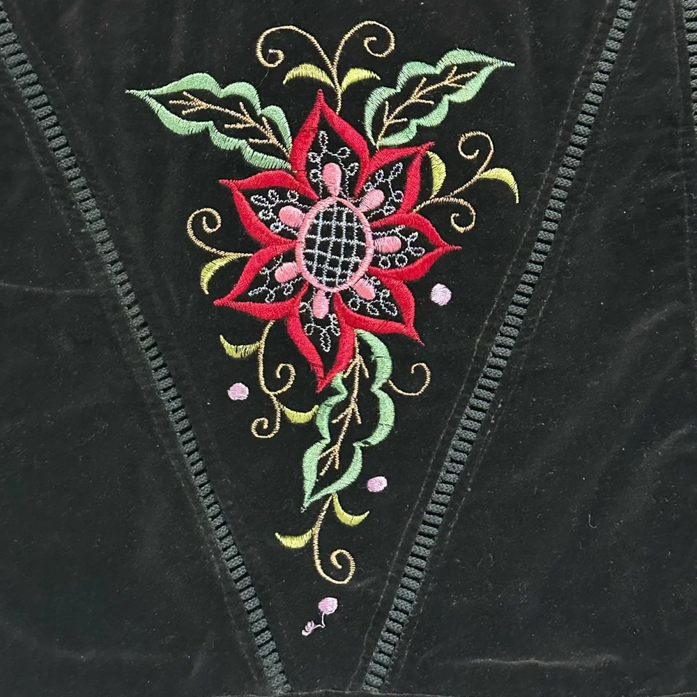 Vintage velvet black jacket and pants size youth 8 Pink and green embroidery.